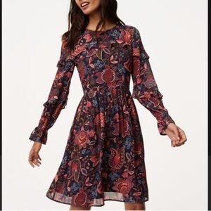 Loft Hydrangea Bouquet Ruffle Tie Long Sleeve Dress